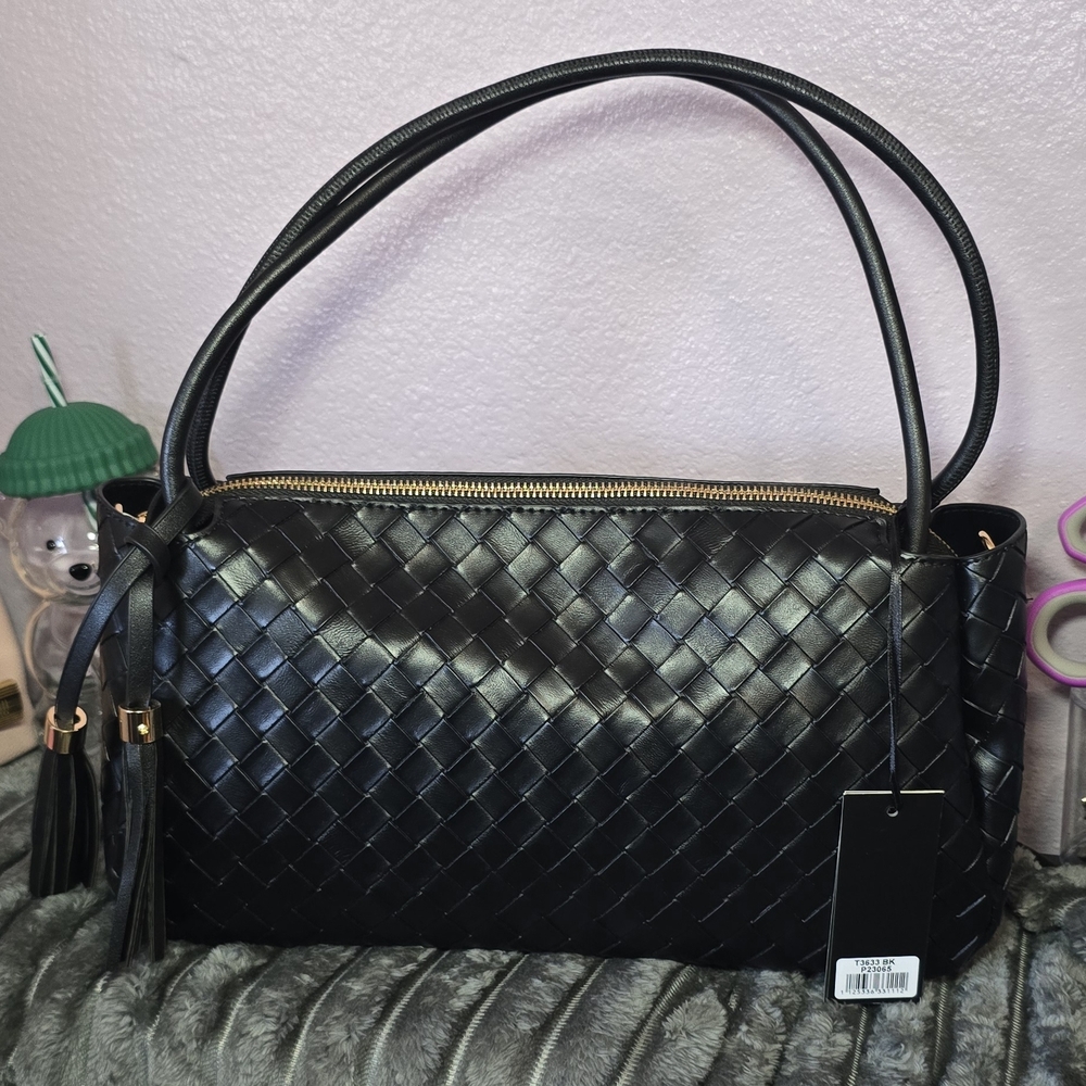 Woven Black Shoulder Bag with Tassel Accents